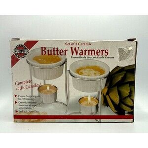 Norpro Butter Warmers, Set of 2 Ceramic Warmers, 2 Chrome Stands, 2 Tealights